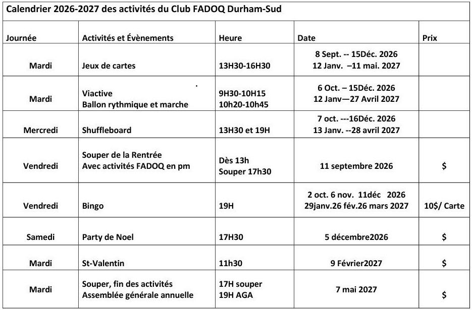 Calendrier FADOQ